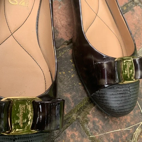 FERRAGAMO Tortoise/Animal Patent & Lizard Embossed cap Ballerina Flat sz… - Picture 10 of 14